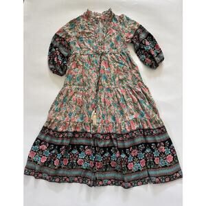 Three Bird Nest Flowy Maxi Dress Floral Tiered Boho Womens Small Cottage